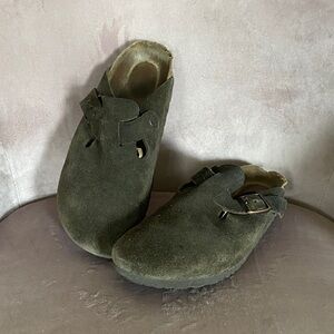Brown Suede Buckle Clogs